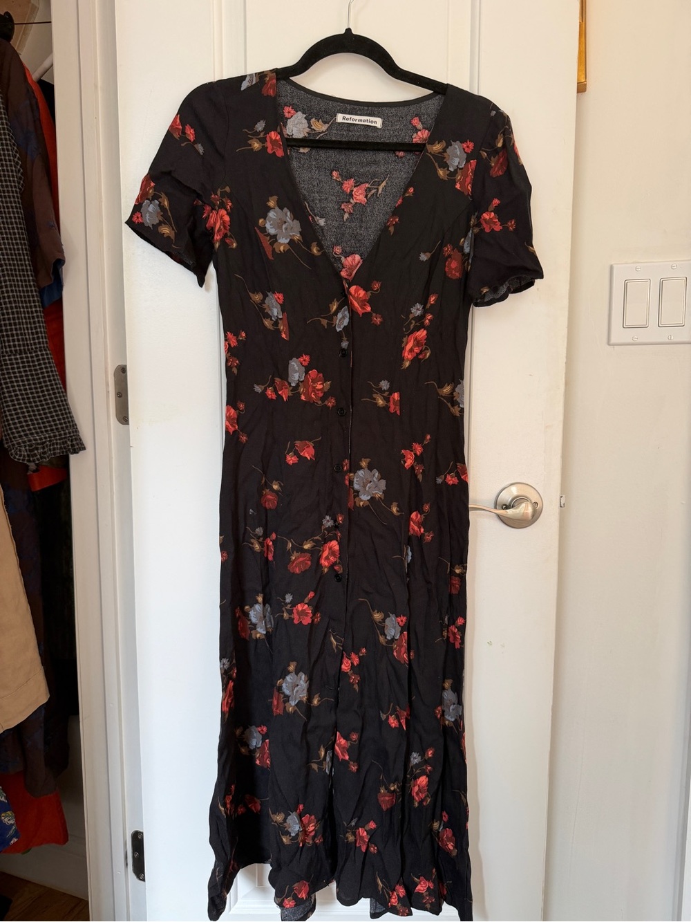 Reformation Black Floral Button-Front Midi Dress with Red and Gray Blooms